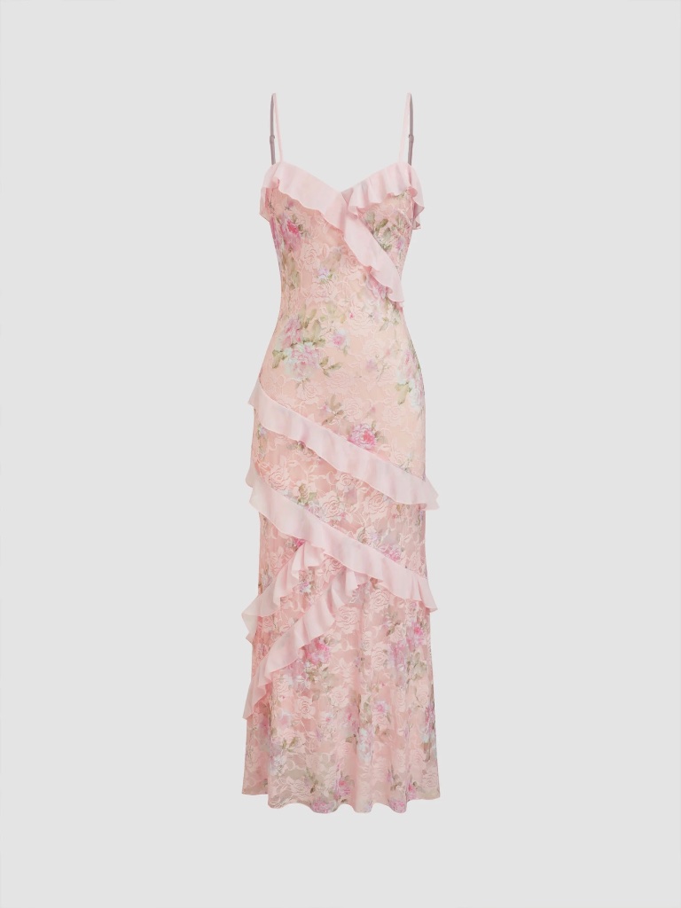 Lace V-Neck Floral Ruffle Maxi Dress